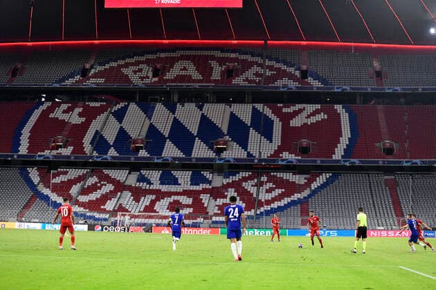 08 08 2020, FC Bayern Muenchen FC Chelsea 08 08 2020, Fussball Championsleague 2019 2020, Round of 16, FC Bayern Muenchen FC Chelsea, in the Allianz Arena Munich Stadium overview, empty ranks during the game The Bayern logo can be seen Photo Bernd Feil M i S Pool Only for journalistic purposes Only for editorial use According to the regulations of the DFL Deutsche Fußball Liga it is prohibited to use or have used photographs taken in the stadium and or of the match in the form of sequence images and or video-like photo sequences DFL regulations prohibit any use of photographs as image sequences and or quasi video National and international NewsAgencies OUT Munich Bavaria Germany Poolfoto ,EDITORIAL USE ONLY