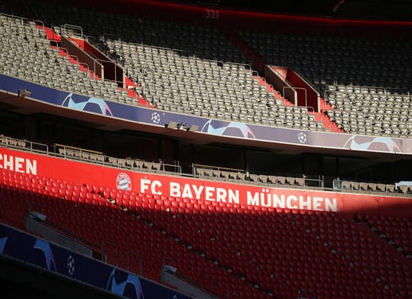 FC Bayern Munich Chelsea FC Stadium Allianz Arena Empty Rankings FC Bayern Munich Logo UEFA Championsleague Quarterfinal Return Match FC Bayern Munich Chelsea FC Season 2019 2020 Photo Stefan Matzke sampics Pool via Revierfoto Only for journalistic purposes Only for editorial use NO SECONDARY RE SALE WITHIN 48h AFTER KICK OFF Munich Bayern Germany Poolfoto Stefan Matzke sampics Pool via Revierfoto ,EDITORIAL USE ONLY