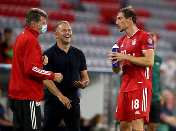 FC Bayern Munich Chelsea FC Hansi Flick Coach head coach of FC Bayern Muenchen is pleased , right Leon Goretzka 18 of FC Bayern Muenchen UEFA Championsleague Quarterfinal Return FC Bayern Munich Chelsea FC Season 2019 2020 Photo Stefan Matzke sampics Pool via Revierfoto Only for journalistic purposes Only for editorial use NO SECONDARY RE SALE WITHIN 48h AFTER KICK OFF Munich Bayern Germany Poolfoto Stefan Matzke sampics Pool via Revierfoto ,EDITORIAL USE ONLY