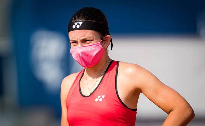 August 11, 2020, Prague, CZECH REPUBLIC: Anastasija Sevastova of Latvia in mask warms up for the first round against Irina-Camelia Begu of Romania at the 2020 Prague Open WTA, Tennis Damen International tennis tournament Prague CZECH REPUBLIC - ZUMAa181 20200811_zaa_a181_003 Copyright: xRobxPrangex