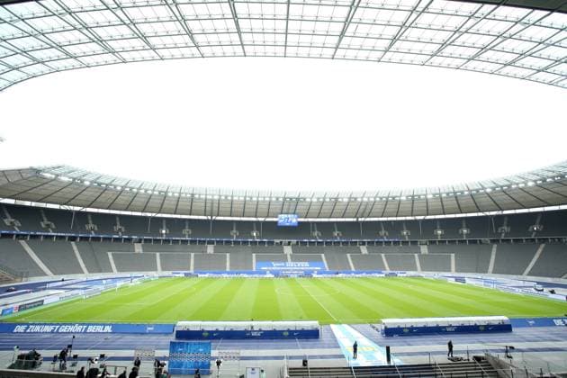 empty olympic stadium sports facility overview without spectators, empty seats ranks feature ghost game Corona Sport football football DFL Bundesliga men season 2019 2020 20 06 2020 Hertha BSC Berlin DFL regulations prohibit any use of photographs as image sequences and or quasi video
