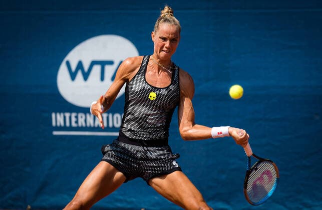 August 11, 2020, Prague, CZECH REPUBLIC: Arantxa Rus of the Netherlands in action during the first round against Anastasia Pavlyuchenkova of Russia at the 2020 Prague Open WTA, Tennis Damen International tennis tournament Prague CZECH REPUBLIC - ZUMAa181 20200811_zaa_a181_071 Copyright: xRobxPrangex