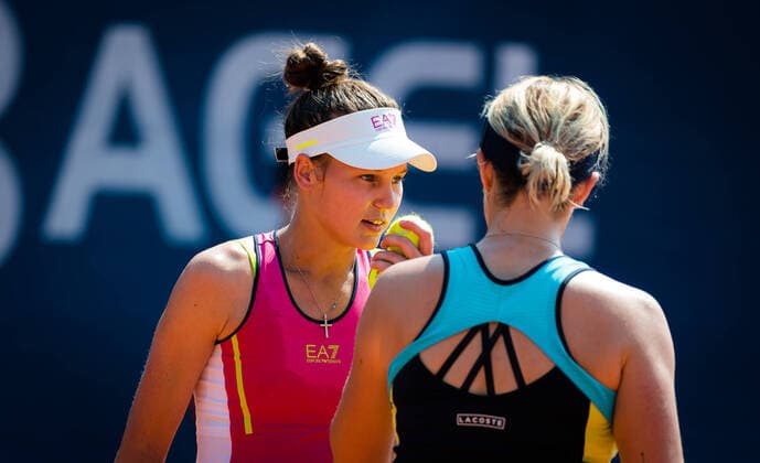 August 12, 2020, Prague, CZECH REPUBLIC: Veronika Kudermetova & Anastasia Pavlyuchenkova of Russia playing doubles at the 2020 Prague Open WTA, Tennis Damen International tennis tournament Prague CZECH REPUBLIC - ZUMAa181 20200812_zaa_a181_042 Copyright: xRobxPrangex