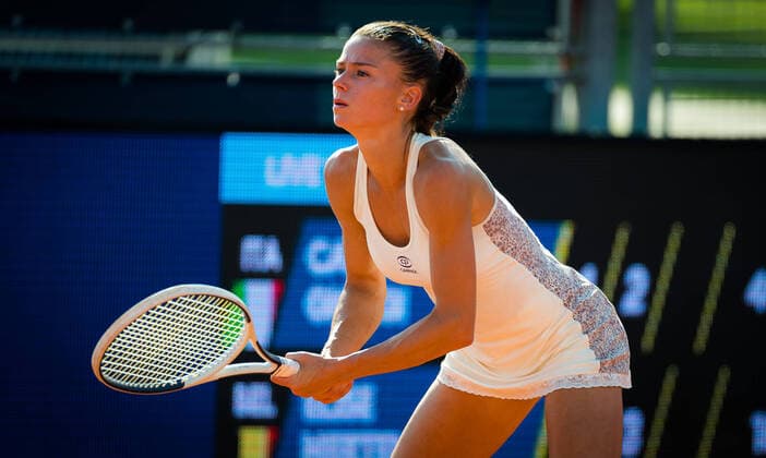 August 12, 2020, Prague, CZECH REPUBLIC: Camila Giorgi of Italy in action during the second round against Elise Mertens of Belgium at the 2020 Prague Open WTA, Tennis Damen International tennis tournament Prague CZECH REPUBLIC - ZUMAa181 20200812_zaa_a181_079 Copyright: xRobxPrangex