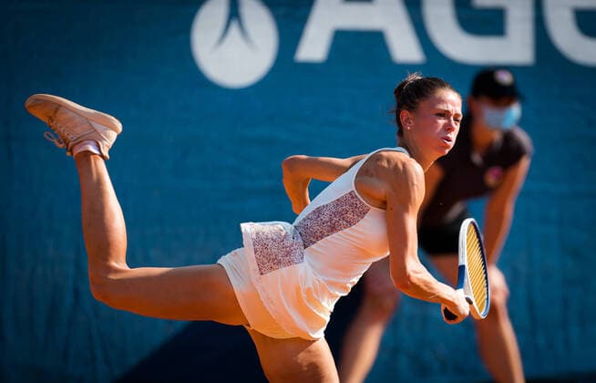 August 12, 2020, Prague, CZECH REPUBLIC: Camila Giorgi of Italy in action during the second round against Elise Mertens of Belgium at the 2020 Prague Open WTA, Tennis Damen International tennis tournament Prague CZECH REPUBLIC - ZUMAa181 20200812_zaa_a181_080 Copyright: xRobxPrangex