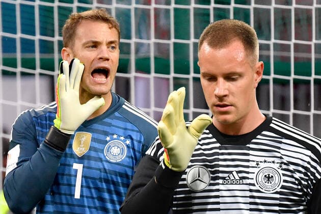 PHOTOMONTAGE Manuel NEUER and Marc Andre TER STEGEN meet in the Champions League firecracker FC Barcelona FC Bayern Muenchen Archive photo Goalkeeper clash between Manuel NEUER and Marc Andre TER STEGEN Archive photo Soccer international match, friendly match, Austria AUT Germany GER 2 1, on 02 06 2018 Woerthersee Stadium in Klagenfurt Austria ÃÂ