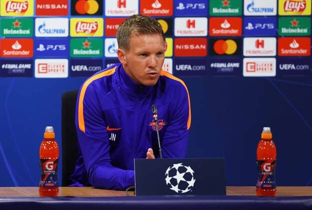 LISBON, PORTUGAL - AUGUST 12: In this handout image provided by UEFA, Julian Nagelsmann, Head Coach of RB Leipzig speaks to the media during a press conference, PK, Pressekonferenz ahead of their UEFA Champions League quarter-finals match against Atletico Madrid at Estadio Jose Alvalade on August 12, 2020 in Lisbon, Portugal. FOOTBALL : RB Leipzig vs Atletico Madrid - Phase finale - UEFA Ligue des Champions - Final 8 - Lisbonne - 11 08 2020 Panoramic UEFAPOOL 775545028