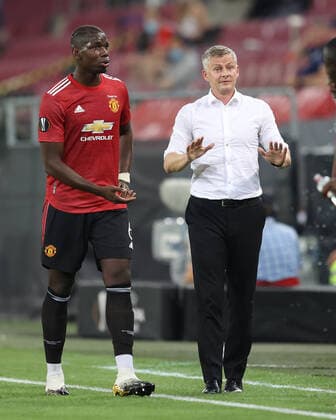 Sport Soccer EL, Europa League, Season 19 20, Quarterfinal, 10 08 2020 Manchester United FC Copenhagen United Paul Pogba , United Trainer Coach , Ole Gunnar Solskj¾r , Solskjaer , Solskjär , Gesture , Gesture , Sport Soccer EL, Europa League, Season 19 20, Quarterfinal, 10 08 2020 Manchester United FC Copenhagen Photo Jürgen Fromme firosportphoto POOL City of Cologne RheinEnergieSTADION State NRW Germany Poolfoto Jürgen Fromme firo Sportphoto POOL ,EDITORIAL USE ONLY
