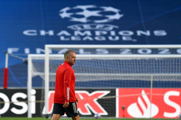 FINAL CUP CHAMPIONS LEAGUE Quarterfinal FC BARCELONA FC BAYERN MUENCHEN Hans Dieter Flick Hansi ,Coach Bayern Muenchen in front of Logo Final Training FC Bayern Muenchen FUSSBALL CHAMPIONS LEAGUE SEASON 2019 2020 FOURTHFINALS, FC BARCELONA FC BAYERN MUENCHEN on 14 08 2020, Estadio da Luz Lisbon PHOTO Frank Hoermann SVEN SIMON Pool Only for journalistic purposes Only for editorial use National and International News Agencies OUT NO RESALE Lisbon Portugal Poolfoto SVEN SIMON Pool ,EDITORIAL USE ONLY