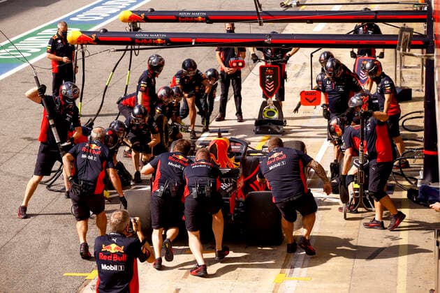 Motorsports FIA Formula One World Championship 2020, Grand Prix of Spain, Mechanic of Aston Martin Red Bull Racing during pit stop practice Barcelona Spain