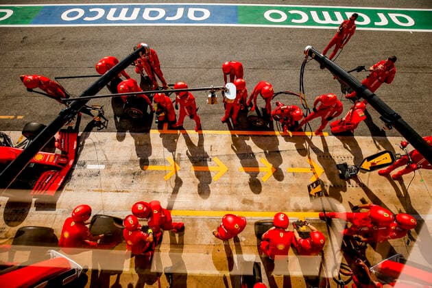 Motorsports FIA Formula One World Championship 2020, Grand Prix of Spain, Mechanic of Scuderia Ferrari Mission Winnow during pit stop practice Barcelona Spain