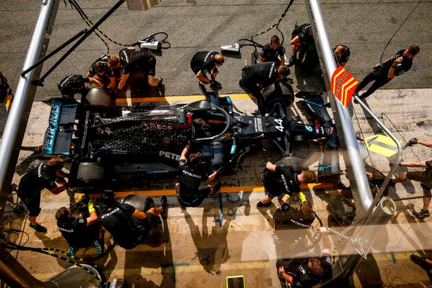 Motorsports FIA Formula One World Championship 2020, Grand Prix of Spain, Mechanic of Mercedes AMG Petronas Formula One Team during pit stop practice Barcelona Spain