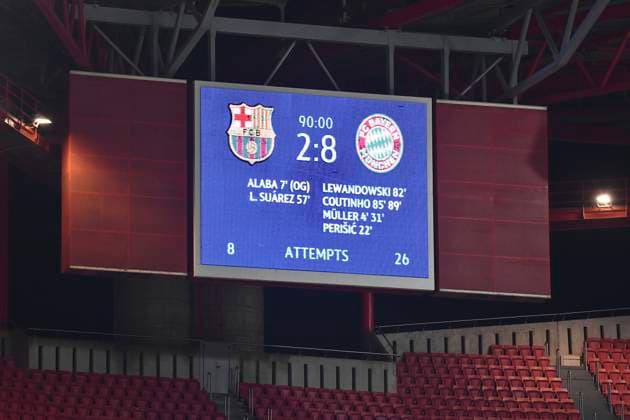 Bilder des Jahres 2020, Sport 08 August Sport Themen der Woche KW33 Sport Bilder des Tages Fussball Champions League Viertelfinale FC Barcelona, Barca - FC Bayern Muenchen Anzeigetafel mit Ergebnis Fussball Champions League, Viertelfinale, FC Barcelona (Barca) - FC Bayern Muenchen (M), am 14.08.2020 in Lissabon Portugal. FOTO: Frank Hoermann SVEN SIMON Pool NO use of any use photographs as image sequences and or quasi-video Editorial Use ONLY National and International News Agencies OUT Lissabon Estadio da Luz Portugal *** Football Champions League Quarter Final FC Barcelona FC Bayern Muenchen Scoreboard with result Football Champions League, Quarter Final, FC Barcelona Barca FC Bayern Muenchen M , on 14 08 2020 in Lisbon Portugal PHOTO Frank Hoermann SVEN SIMON Pool NO use of any use photographs as image sequences and or quasi video Editorial Use ONLY National and International News Agencies OUT Lisbon Estadio da Luz Portugal Poolfoto SVEN SIMON Pool ,EDITORIAL USE ONLY