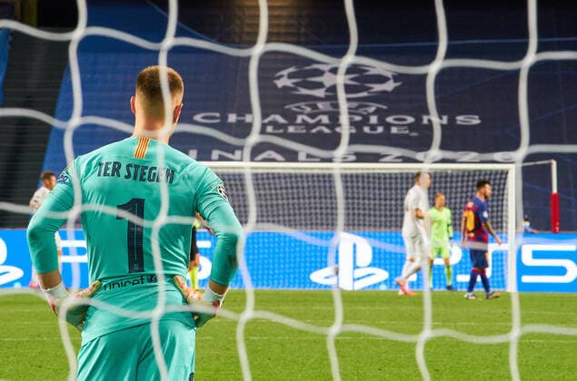 FC BAYERN MUNICH FC BARCELONA 8 2 , Football UEFA Champions League Lisbon, Lisbon, Portugal, 14th August 2020 Marc Andre TER STEGEN, Barca 1 in the quarterfinal UEFA Champions League match final tournament FC BAYERN MUNICH FC BARCELONA 8 2 in Season 2019 2020, FCB, Munich, Barca Photographer Peter Schatz Pool UEFA REGULATIONS PROHIBIT ANY USE OF PHOTOGRAPHS as IMAGE SEQUENCES and or QUASI VIDEO National and international News Agencies OUT Editorial Use ONLY Lisbon Estadio da Luz de Benfica Portugal Poolfoto Peter Schatz Pool ,EDITORIAL USE ONLY
