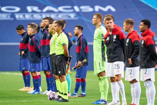 FC BAYERN MUNICH FC BARCELONA 8 2 , Football UEFA Champions League Lisbon, Lisbon, Portugal, 14th August 2020 teams presentation, Manuel NEUER, FCB 1 Lionel MESSI, Barca 10 Gerard PIQUE, Barca 3 in the quarterfinal UEFA Champions League match final tournament FC BAYERN MUNICH FC BARCELONA 8 2 in Season 2019 2020, FCB, Munich, Barca Photographer Peter Schatz Pool UEFA REGULATIONS PROHIBIT ANY USE OF PHOTOGRAPHS as IMAGE SEQUENCES and or QUASI VIDEO National and international News Agencies OUT Editorial Use ONLY Lisbon Estadio da Luz de Benfica Portugal Poolfoto Peter Schatz Pool ,EDITORIAL USE ONLY