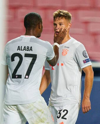 FC BAYERN MUENCHEN FC BARCELONA 8 2 , Football UEFA Champions League Lisbon, Lisbon, Portugal, 14th August 2020 Joshua KIMMICH, FCB 32 celebrates his 5 2 goal, happy, laugh, celebration, David ALABA, FCB 27 in the quarterfinal UEFA Champions League match final tournament FC BAYERN MUENCHEN FC BARCELONA 8 2 in Season 2019 2020, FCB, Munich, Barca Photographer Peter Schatz Pool UEFA REGULATIONS PROHIBIT ANY USE OF PHOTOGRAPHS as IMAGE SEQUENCES and or QUASI VIDEO National and international News Agencies OUT Editorial Use ONLY Lisbon Estadio da Luz de Benfica Portugal Poolfoto Peter Schatz Pool ,EDITORIAL USE ONLY