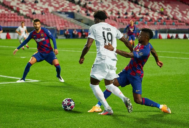FC BAYERN MUENCHEN FC BARCELONA 8 2 , Football UEFA Champions League Lisbon, Lisbon, Portugal, 14th August 2020 Alphonso DAVIES, FCB 19 against Nelson SEMEDO, Barca 2 before 5 2 goal, Joshua KIMMICH, FCB 32 in the quarterfinal UEFA Champions League match final tournament FC BAYERN MUENCHEN FC BARCELONA 8 2 in Season 2019 2020 FCB, Munich, Barca Photographer Peter Schatz Pool UEFA REGULATIONS PROHIBIT ANY USE OF PHOTOGRAPHS as IMAGE SEQUENCES and or QUASI VIDEO National and international News Agencies OUT Editorial Use ONLY Lisbon Estadio da Luz de Benfica Portugal Poolfoto Peter Schatz Pool ,EDITORIAL USE ONLY
