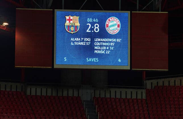 FC BAYERN MUNICH FC BARCELONA 8 2 , Football UEFA Champions League Lisbon, Lisbon, Portugal, 14th August 2020 Philippe COUTINHO, FCB 10 scores, shoots goal 8 2 , screen board in the quarterfinal UEFA Champions League match final tournament FC BAYERN MUNICH FC BARCELONA 8 2 in Season 2019 2020, FCB, Munich, Barca Photographer Peter Schatz Pool UEFA REGULATIONS PROHIBIT ANY USE OF PHOTOGRAPHS as IMAGE SEQUENCES and or QUASI VIDEO National and international News Agencies OUT Editorial Use ONLY Lisbon Estadio da Luz de Benfica Portugal Poolfoto Peter Schatz Pool ,EDITORIAL USE ONLY