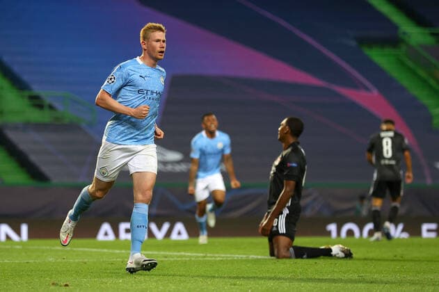 FOOTBALL Manchester City vs Olympique Lyonnais 1 4 Phase final UEFA Champions League Final 8 Lisbonne 15 08 2020 LISBON, PORTUGAL AUGUST 15 Kevin De Bruyne of Manchester City celebrates after scoring his team s first goal during the UEFA Champions League Quarter Final match between Manchester City and Lyon at Estadio Jose Alvalade on August 15, 2020 in Lisbon, Portugal Lisbonne Portugal Poolfoto Panoramic POOL UEFA ,EDITORIAL USE ONLY