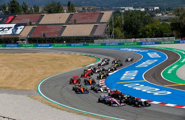 Motorsports FIA Formula One World Championship 2020, Grand Prix of Spain, Start, 77 Valtteri Bottas FIN, Mercedes AMG Petronas Formula One Team , 11 Sergio Perez MEX, BWT Racing Point F1 Team , 23 Alexander Albon THA, Aston Martin Red Bull Racing , 55 Carlos Sainz ESP, McLaren F1 Team , 10 Pierre Gasly FRA, Scuderia AlphaTauri Honda , 16 Charles Leclerc MCO, Scuderia Ferrari Mission Winnow , 4 Lando Norris GBR, McLaren F1 Team , Barcelona Spain