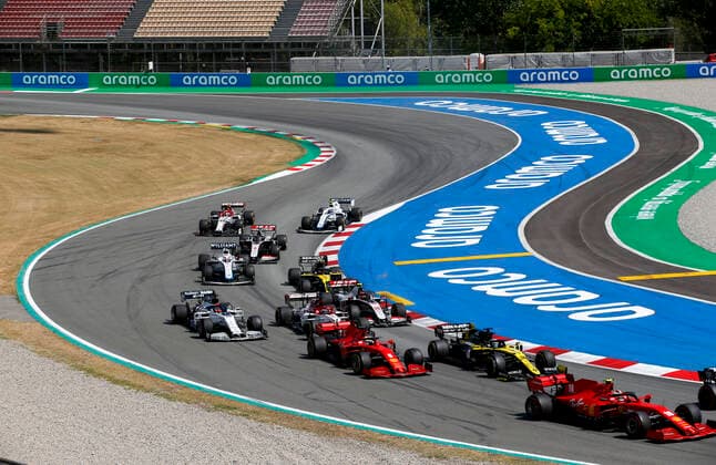 Motorsports FIA Formula One World Championship 2020, Grand Prix of Spain, Start, 16 Charles Leclerc MCO, Scuderia Ferrari Mission Winnow , 5 Sebastian Vettel GER, Scuderia Ferrari Mission Winnow , 3 Daniel Ricciardo AUS, Renault DP World F1 Team , 26 Daniil Kvyat RUS, Scuderia AlphaTauri Honda , 7 Kimi Raikkonen FIN, Alfa Romeo Racing ORLEN , 20 Kevin Magnussen DEN, Haas F1 Team , Barcelona Spain