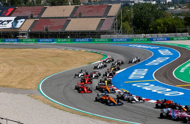 Motorsports FIA Formula One World Championship 2020, Grand Prix of Spain, Start, 11 Sergio Perez MEX, BWT Racing Point F1 Team , 23 Alexander Albon THA, Aston Martin Red Bull Racing , 55 Carlos Sainz ESP, McLaren F1 Team , 10 Pierre Gasly FRA, Scuderia AlphaTauri Honda , 16 Charles Leclerc MCO, Scuderia Ferrari Mission Winnow , 4 Lando Norris GBR, McLaren F1 Team , 5 Sebastian Vettel GER, Scuderia Ferrari Mission Winnow , 3 Daniel Ricciardo AUS, Renault DP World F1 Team , Barcelona Spain