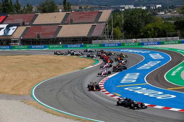 Motorsports FIA Formula One World Championship 2020, Grand Prix of Spain, Start, 44 Lewis Hamilton GBR, Mercedes AMG Petronas Formula One Team , 33 Max Verstappen NLD, Aston Martin Red Bull Racing , 18 Lance Stroll CAN, BWT Racing Point F1 Team , 77 Valtteri Bottas FIN, Mercedes AMG Petronas Formula One Team , 23 Alexander Albon THA, Aston Martin Red Bull Racing , 11 Sergio Perez MEX, BWT Racing Point F1 Team , Barcelona Spain