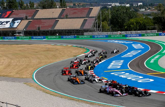 Motorsports FIA Formula One World Championship 2020, Grand Prix of Spain, Start, 77 Valtteri Bottas FIN, Mercedes AMG Petronas Formula One Team , 11 Sergio Perez MEX, BWT Racing Point F1 Team , 23 Alexander Albon THA, Aston Martin Red Bull Racing , 55 Carlos Sainz ESP, McLaren F1 Team , 10 Pierre Gasly FRA, Scuderia AlphaTauri Honda , 16 Charles Leclerc MCO, Scuderia Ferrari Mission Winnow , 4 Lando Norris GBR, McLaren F1 Team , Barcelona Spain