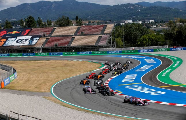 Motorsports FIA Formula One World Championship 2020, Grand Prix of Spain, Start, 18 Lance Stroll CAN, BWT Racing Point F1 Team , 77 Valtteri Bottas FIN, Mercedes AMG Petronas Formula One Team , 11 Sergio Perez MEX, BWT Racing Point F1 Team , 23 Alexander Albon THA, Aston Martin Red Bull Racing , 55 Carlos Sainz ESP, McLaren F1 Team , 10 Pierre Gasly FRA, Scuderia AlphaTauri Honda , Barcelona Spain