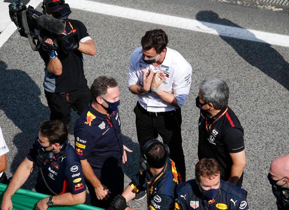 Motorsports FIA Formula One World Championship 2020, Grand Prix of Spain, Christian Horner GBR, Aston Martin Red Bull Racing , Toto Wolff AUT, Mercedes AMG Petronas Motorsport , Toyoharu Tanabe JPN, F1 Technical Director Honda , Barcelona Spain