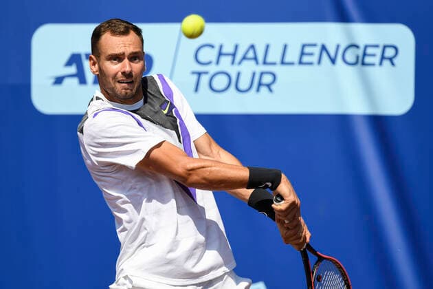 Tennis player Roman Safiullin of Russia (pictured) in action during the match I. CLTK Prague Open By Moneta Prague against Czech Tomas Rosol in Prague, Czech Republic, August 16, 2020. (CTKxPhoto MichalxKamaryt) CTKPhotoP202008160289001 kmt