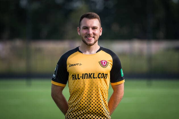 Justin Leo Löwe Loewe portrait photos of SG Dynamo Dresden football, soccer, 3 leagues, season 2020 2021, head, head photo, portrait, portrait, AOK Plus Walter Fritzsch Academy Dresden 14 August 2020