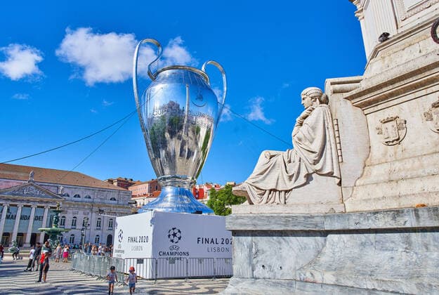 Preview images Football UEFA Champions League FC BAYERN MUENCHEN OLYMPIC LYON, RB LEIPZIG PARIS SG Lisbon, Lisbon, Portugal, 16th August 2020 Preview with a huge inflatable UEFA Champions League Trophy on Place DOM PEDRO IV before the semifinal match UEFA Champions League, final tournament FC BAYERN MUENCHEN OLYMPIC LYON, RB LEIPZIG PARIS SG in Season 2019 2020 Photographer Peter Schatz Pool , via Eibner Press Photo , via Eibner Press Photo UEFA REGULATIONS PROHIBIT ANY USE OF PHOTOGRAPHS as IMAGE SEQUENCES and or QUASI VIDEO National and international News Agencies OUT Editorial Use ONLY Lisbon Estadio da Luz de Benfica Portugal Poolfoto Peter Schatz Pool , via Eibner-Pressefoto ,EDITORIAL USE ONLY