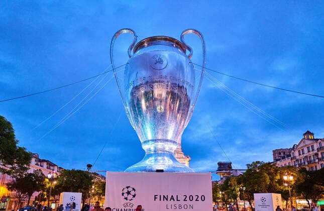 Preview images Football UEFA Champions League FC BAYERN MUENCHEN OLYMPIC LYON, RB LEIPZIG PARIS SG Lisbon, Lisbon, Portugal, 16th August 2020 Preview with a huge inflatable UEFA Champions League Trophy on Place DOM PEDRO IV before the semifinal match UEFA Champions League, final tournament FC BAYERN MUENCHEN OLYMPIC LYON, RB LEIPZIG PARIS SG in Season 2019 2020 Photographer Peter Schatz Pool , via Eibner Press Photo , via Eibner Press Photo UEFA REGULATIONS PROHIBIT ANY USE OF PHOTOGRAPHS as IMAGE SEQUENCES and or QUASI VIDEO National and international News Agencies OUT Editorial Use ONLY Lisbon Estadio da Luz de Benfica Portugal Poolfoto Peter Schatz Pool , via Eibner-Pressefoto ,EDITORIAL USE ONLY