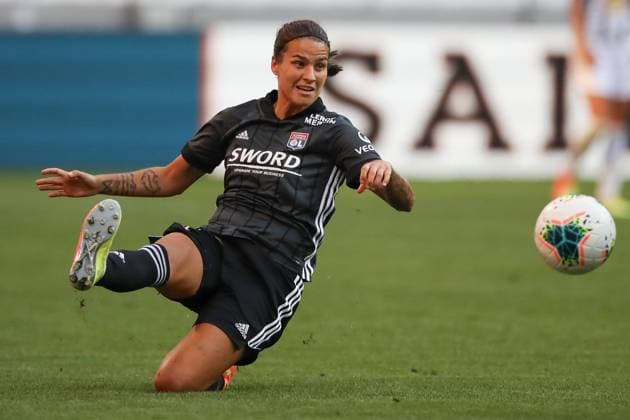 Dzsenifer Marozsan of Lyon during the Trophee Veolia Femenin match at the Groupama Stadium, Lyon. Picture date: 15th August 2020. Picture credit should read: Jonathan Moscrop Sportimage EDITORIAL USE ONLY. No use with unauthorised audio, video, data, fixture lists, club league logos or live services. Online in-match use limited to 120 images, no video emulation. No use in betting, games or single club league player publications. SPI-0625-0096