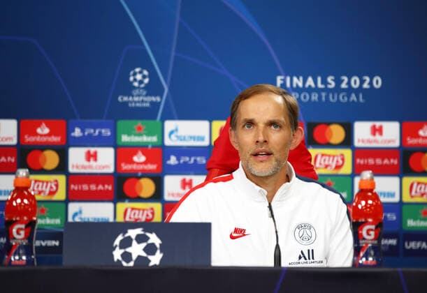 FOOTBALL Conference de presse et entrainement RB Leipzig vs Paris Saint Germain 1 2 Phase final UEFA Ligue des Champions Final 8 Lisbonne 17 08 2020 LISBON, PORTUGAL AUGUST 17 In this handout image provided by UEFA, Thomas Tuchel, Manager of Paris Saint Germain looks on as he speaks to the media during a Paris Saint Germain Press Conference at Estadio do Sport Lisboa e Benfica on August 17, 2020 in Lisbon, Portugal Lisbonne Portugal Poolfoto Panoramic POOL UEFA ,EDITORIAL USE ONLY