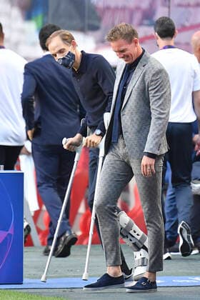 Soccer Champions League Semifinal RB Leipzig Paris St Germain Coach Thomas TUCHEL l PSG with coach Julian NAGELSMANN L before the match, Soccer Champions League, Semifinal, RB Leipzig L Paris St Germain PSG , on 18 08 2020 at Estadio da Luz in Lisbon Portugal PHOTO Frank Hoermann SVEN SIMON Pool NO use of any use photographs as image sequences and or quasi video Editorial Use ONLY National and International News Agencies OUT Lisbon Estadio da Luz Portugal Poolfoto SVEN SIMON Frank Hoermann Pool ,EDITORIAL USE ONLY