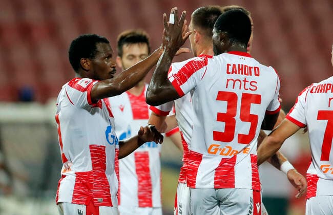SP SERBIA BELGRADE FOOTBALL CRVENA ZVEZDA VS EUROPA FC 200819 BELGRADE, Aug 19, 2020 Xinhua Crvena Zvezda s El Fardou Ben Nabouhane L celebrates goal with teammates during UEFA Champions League first qualifying round football match between Crvena Zvezda and Europa FC in Belgrade, Serbia on Aug 18, 2020 Xinhua Predrag Milosavljevic Belgrade Poolfoto ,EDITORIAL USE ONLY