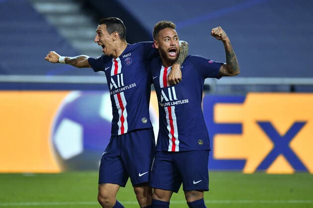 Soccer Champions League semi-final RB LEIPZIG PARIS SAINT GERMAIN PSG 0 3 Goal celebration v li goal scorer Angel DI MARIA PSG with NEYMAR PSG after goal to 0 2, cheers, joy, enthusiasm, action soccer Champions League, semi-final, RB LEIPZIG L PARIS SAINT GERMAIN PSG 0 3 on 18 08 2020 in Lisbon Portugal,Estadio da Luz PHOTO Frank Hoermann SVEN SIMON Pool NO use of any use photographs as image sequences and or quasi video Editorial Use ONLY National and International News Agencies OUT Lisbon Estadio da Luz Portugal Poolfoto SVEN SIMON Pool ,EDITORIAL USE ONLY