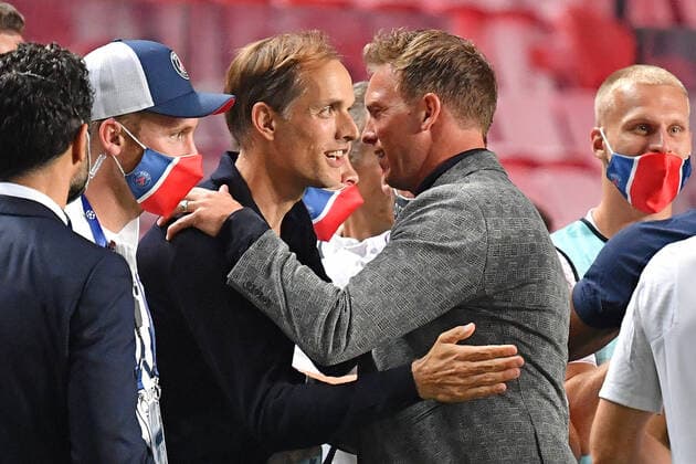 Soccer Champions League semi-final RB LEIPZIG L PARIS SAINT GERMAIN PSG 0 3 v re Julian NAGELSMANN coach L and Thomas TUCHEL coach PSG hug each other after the end of the game,Hug Football Champions League, semi-final, RB LEIPZIG L PARIS SAINT GERMAIN PSG 0 3 on 18 08 2020 in Lisbon Portugal,Estadio da Luz PHOTO Frank Hoermann SVEN SIMON Pool NO use of any use photographs as image sequences and or quasi video Editorial Use ONLY National and International News Agencies OUT Lisbon Estadio da Luz Portugal Poolfoto SVEN SIMON Pool ,EDITORIAL USE ONLY