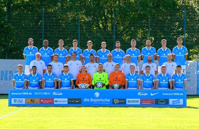 19 08 2020, Soccer 3 Bundesliga 2020 2021, Official team photo of TSV 1860 Munich, Photo session at Grünwalderstrasse in the back from left Dennis Erdmann TSV 1860 Munich , Johann Ngounou TSV 1860 Munich , Niklas Lang TSV 1860 Munich , MarcoMannhardt TSV 1860 Munich , Milos Cocic TSV 1860 Munich , Matthew Durrans TSV 1860 Munich , Quirin Moll TSV 1860 Munich , Daniel Wein 1860 Munich , Sascha Mölders TSV 1860 Munich , Dennis Dressel TSV 1860 Munich , Semi Belkahia TSV 1860 Munich Middle Row, from left to right Norbert Stegmann Zeugwart , Matthias Luginger Fitness Coach , Goalkeeping Coach Harald Huber 1860 Munich , Co Coach Oliver Beer TSV 1860 Munich , Coach Michael Köllner TSV 1860 Munich , Co Coach Günther Brandl TSV 1860 Munich , Nick Wurian Physiotherapist , Tobias Adams Physiotherapist Bottom row from left Erik Tallig TSV 1860 Munich , Ahanna Agbowo TSV 1860 Munich , Stefan Lex TSV 1860 Munich , Leon Klassen TSV 1860 München , Goalkeeper Tom Kretzschmar 1860 München , Goalkeeper Marco Hiller TSV 1860 München , Goalkeeper György Szekely 1860 München , Fabian Greilinger TSV 1860 München , Maxim Gresler 1860 München , Marius Willsch TSV 1860 München , Phillipp Steinhart 1860 München