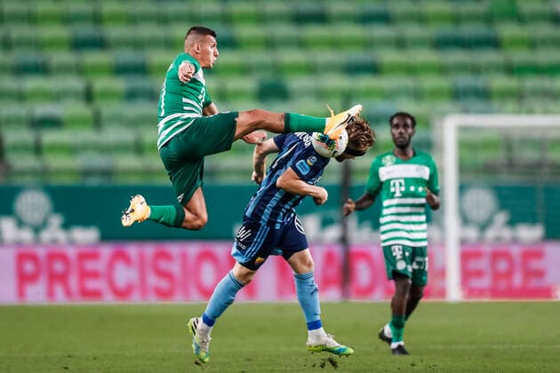 Bilder des Jahres 2020, Sport 08 August Sport Themen der Woche KW34 Sport Bilder des Tages 200819 Myrto Uzuni of Ferencvaros and Jacob Une Larsson of Djurgarden during the UEFA Champions League qualifying match between Ferencvaros and Djurgarden on August 19, 2020 in Budapest. Photo: Laszlo Balogh BILDBYRAN COP 294 LB0001 fotboll football soccer champions league qualification ferencvaros djurgarden bbeng  Copyright: LASZLOxBALOGH BB200819BB506