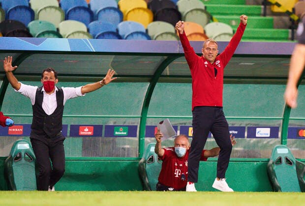 Preview images Football UEFA Champions League FC BAYERN MUENCHEN OLYMPIQUE LYON Lisbon, Lisbon, Portugal, 19th August 2020 Coach Hansi FLICK FCB , team manager, head coach, coach, cheering at 3 0, Hasan Brazzo Salihamidzic, FCB Sport director FCB Co-Trainer Hermann GERLAND, in the semifinal match UEFA Champions League, final tournament FC BAYERN MUENCHEN OLYMPIQUE LYON in season 2019 2020, FCB, photographer Peter Schatz UEFA REGULATIONS PROHIBIT ANY USE OF PHOTOGRAPHS as IMAGE SEQUENCES and or QUASI VIDEO National and international News Agencies OUT Editorial Use ONLY Lisbon Estadio Jose Alvalade XXI Portugal Poolfoto Peter Schatz Pool ,EDITORIAL USE ONLY
