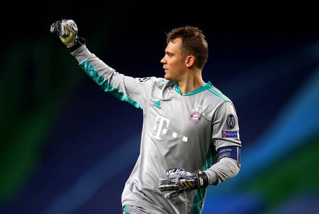 FOOTBALL Bayern Munich vs Olympique Lyonnais 1 2 Phase final UEFA Champions League Final 8 Lisbonne 19 08 2020 LISBON, PORTUGAL AUGUST 19 Manuel Neuer of Bayern Munich celebrates after his teammate Serge Gnabry of Bayern Munich not pictured scored their sides second goal during the UEFA Champions League Semi Final match between Olympique Lyonnais and Bayern Munich at Estadio Jose Alvalade on August 19, 2020 in Lisbon, Portugal Lisbonne Portugal Poolfoto Panoramic POOL UEFA ,EDITORIAL USE ONLY