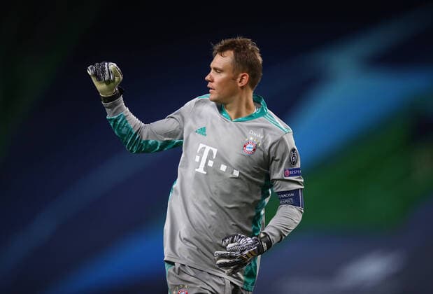 FOOTBALL Bayern Munich vs Olympique Lyonnais 1 2 Phase final UEFA Champions League Final 8 Lisbonne 19 08 2020 LISBON, PORTUGAL AUGUST 19 Manuel Neuer of Bayern Munich celebrates after his teammate Serge Gnabry of Bayern Munich not pictured scored their sides second goal during the UEFA Champions League Semi Final match between Olympique Lyonnais and Bayern Munich at Estadio Jose Alvalade on August 19, 2020 in Lisbon, Portugal Lisbonne Portugal Poolfoto Panoramic POOL UEFA ,EDITORIAL USE ONLY
