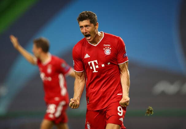 FOOTBALL Bayern Munich vs Olympique Lyonnais 1 2 Phase final UEFA Champions League Final 8 Lisbonne 19 08 2020 LISBON, PORTUGAL AUGUST 19 Robert Lewandowski of Bayern Munich celebrates after scoring his team s third goal during the UEFA Champions League Semi Final match between Olympique Lyonnais and Bayern Munich at Estadio Jose Alvalade on August 19, 2020 in Lisbon, Portugal Lisbonne Portugal Poolfoto Panoramic POOL UEFA ,EDITORIAL USE ONLY
