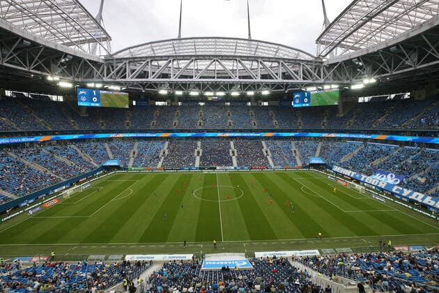 ST PETERSBURG, RUSSIA - AUGUST 22, 2020: A view of Gazprom Arens during the 2020 21 Russian Football Premier League Round 4 football match between Zenit St Petersburg and FC Tambov. Peter Kovalev TASS  TS0E441C
