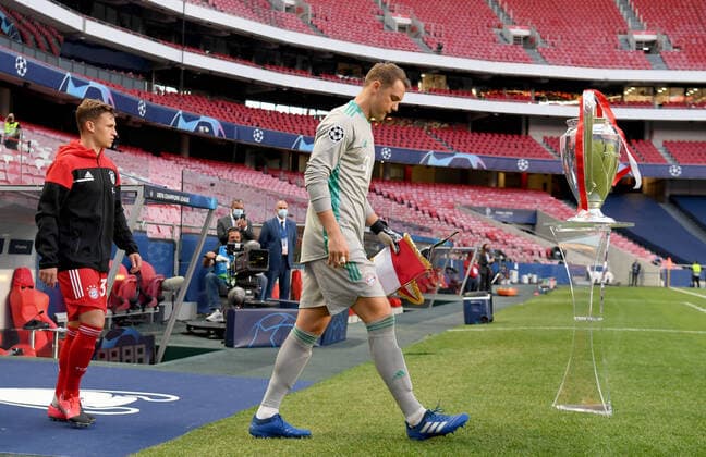 FOOTBALL Paris Saint Germain vs Bayern Munich Final UEFA Champions League 23 08 2020 In this handout image provided by UEFA, Manuel Neuer of FC Bayern Munich leads his team out prior to the UEFA Champions League Final match between Paris Saint Germain and Bayern Munich at Estadio do Sport Lisboa e Benfica on August 23, 2020 in Lisbon, Portugal Lisbonne Portugal Poolfoto Panoramic POOL UEFA ,EDITORIAL USE ONLY