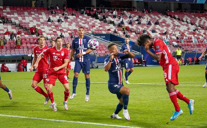 Final Football UEFA Champions League FC BAYERN MUENCHEN PARIS ST GERMAIN PSG Lisbon, Lisbon, Portugal, 23rd August 2020 Goal to 1 0 by Kingsley Coman Munich against Thilo Kehrer PSG in the final match UEFA Champions League, final tournament FC BAYERN MUENCHEN PARIS ST GERMAIN PSG in season 2019 2020, FCB, photographer Peter Schatz Pool UEFA REGULATIONS PROHIBIT ANY USE OF PHOTOGRAPHS as IMAGE SEQUENCES and or QUASI VIDEO National and international News Agencies OUT Editorial Use ONLY Lisbon Estadio da Luz de Benfica Portugal Poolfoto Peter Schatz Pool ,EDITORIAL USE ONLY
