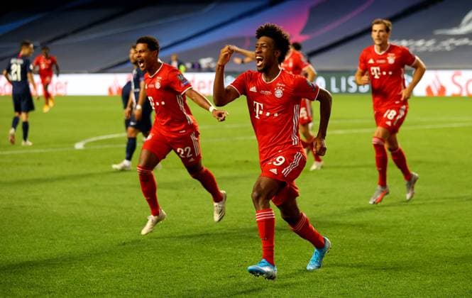FOOTBALL Paris Saint Germain vs Bayern Munich Final UEFA Champions League 23 08 2020 LISBON, PORTUGAL AUGUST 23 Kingsley Coman of FC Bayern Munich celebrates after scoring his team s first goal during the UEFA Champions League Final match between Paris Saint Germain and Bayern Munich at Estadio do Sport Lisboa e Benfica on August 23, 2020 in Lisbon, Portugal Lisbonne Portugal Poolfoto Panoramic POOL UEFA ,EDITORIAL USE ONLY